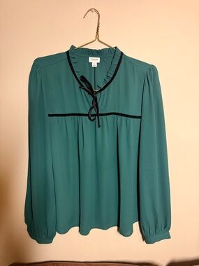 J. Crew Teal Ruffle Tie Neck Blouse with Black Trim